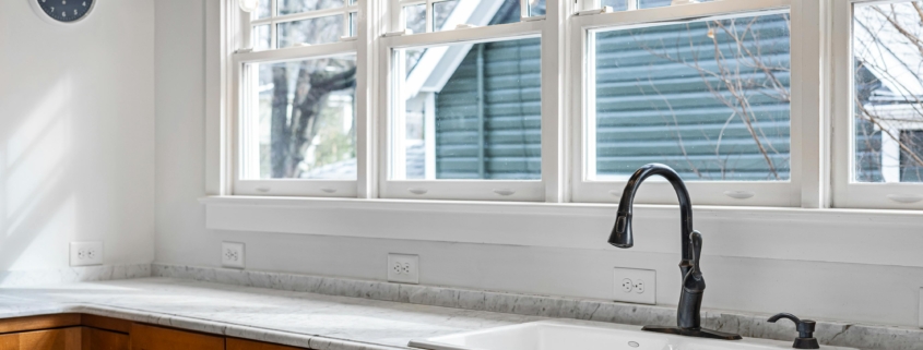 Interior View of New White Vinyl Double-Hung Windows in Kitchen